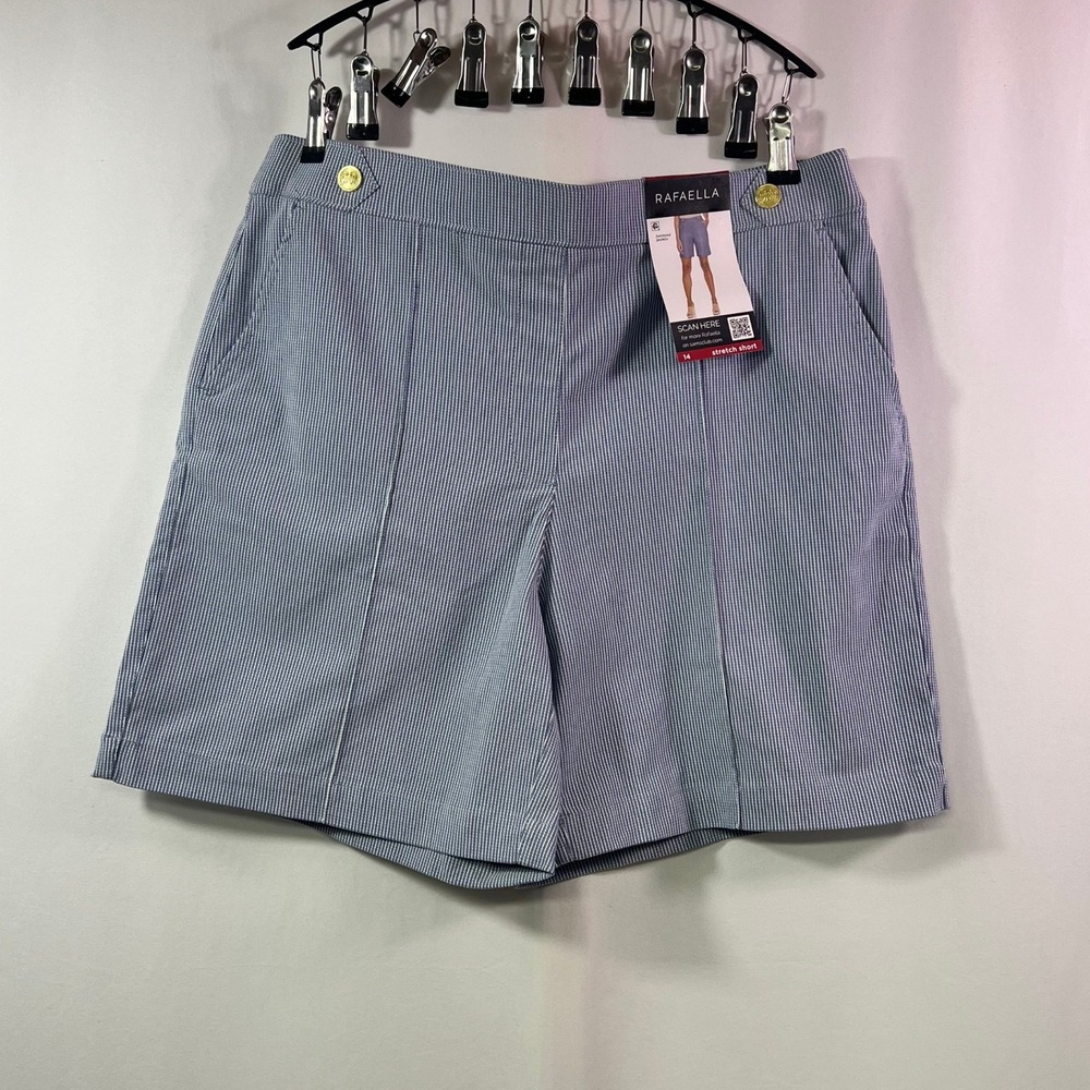 Rafaella Womens Blue Pinstriped Stretch Pull On Shorts Gold Button Size 14